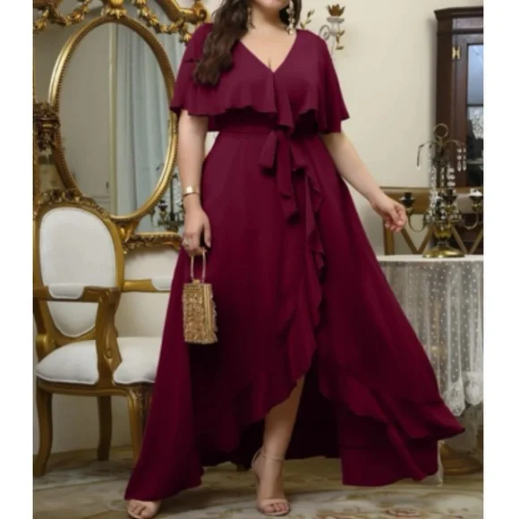 sachin and babi light blue dress Luxe Plus Size Belted Wrap Chiffon Maxi Patty Evening Formal Wedding Party Dress | Color: Red | Size: 12